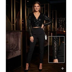 MASTAZA Black Sequin Faux Wrap Long Sleeve Blouse Crop Top Size L